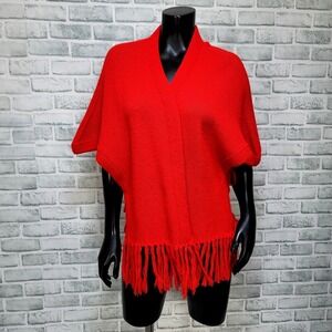 Vintage Milrank Red‎ Knit Shawl Poncho Fringe Hem Open Front USA Made Boho OS